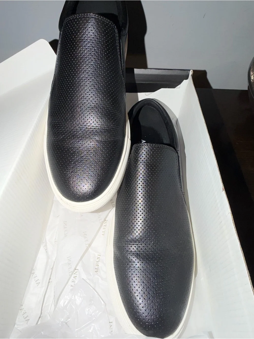 Alfani Black Slip-On Perforated Leather Sneakers with White Sole